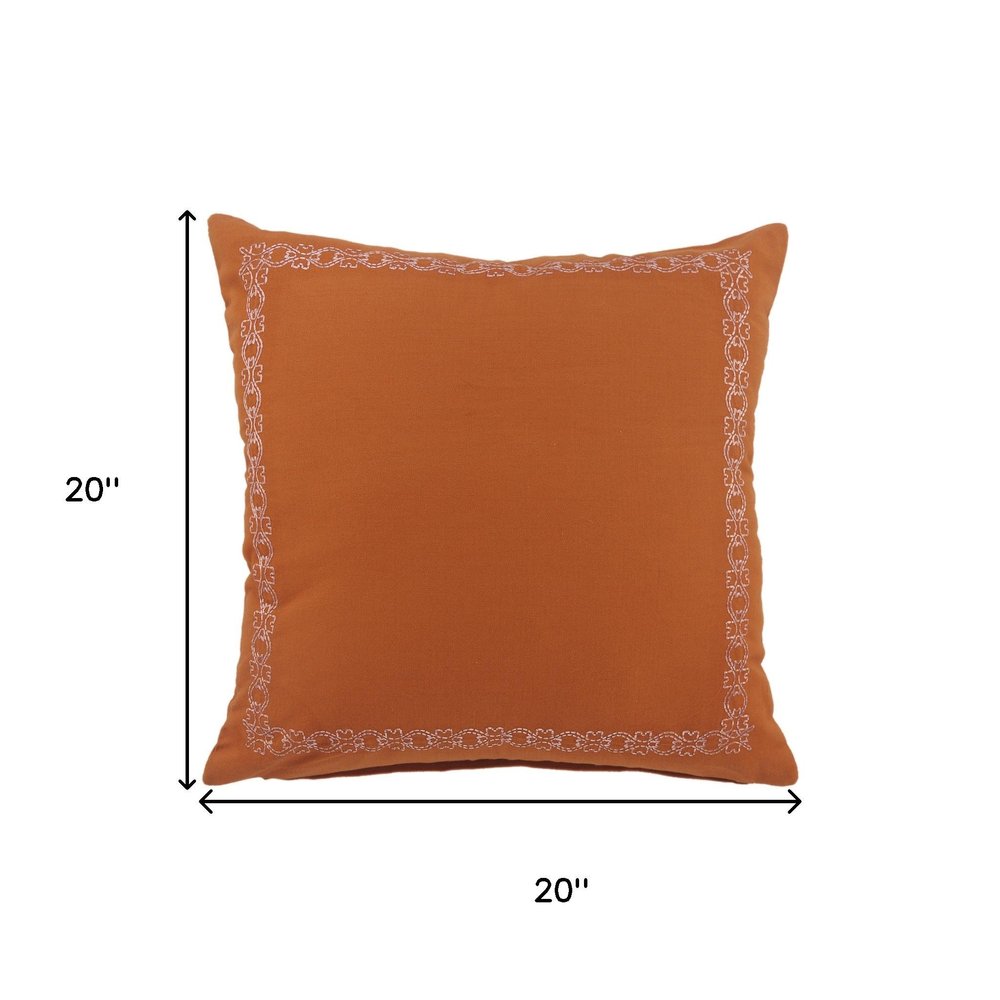 20" Orange Cotton Throw Pillow Cover with Embroidery
