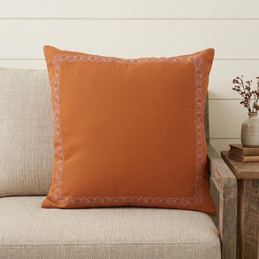 20" Orange Cotton Throw Pillow Cover with Embroidery