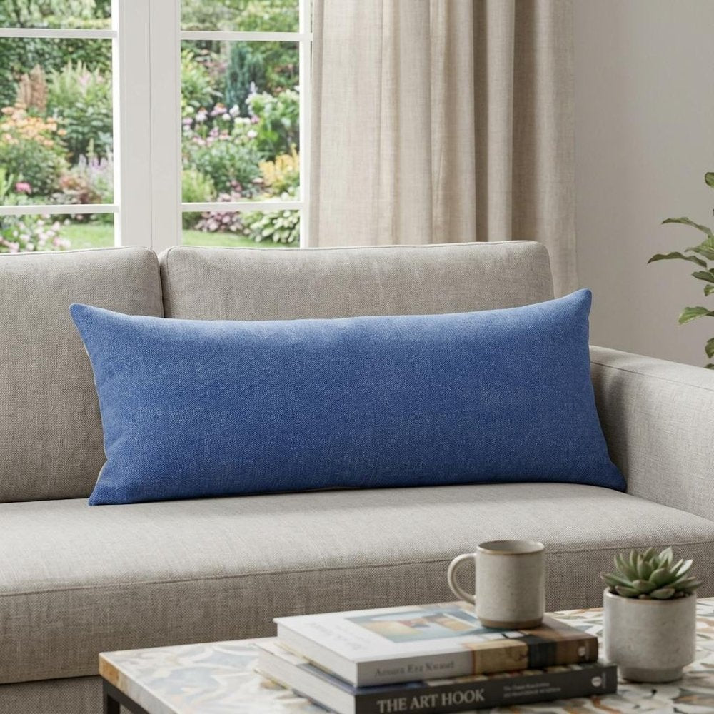 14" X 36" Blue Lumbar Cotton Throw Pillow Cover