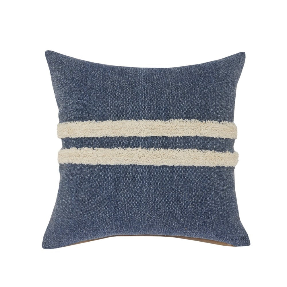 20" Denim Blue And Ivory Striped Cotton Throw Pillow Cover with Applique