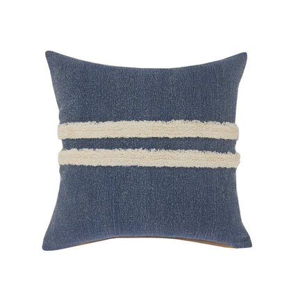 20" Denim Blue And Ivory Striped Cotton Throw Pillow Cover with Applique