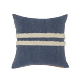 20" Denim Blue And Ivory Striped Cotton Throw Pillow Cover with Applique