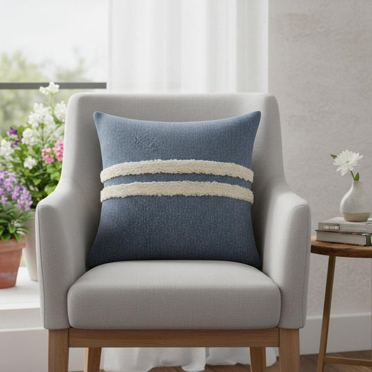20" Denim Blue And Ivory Striped Cotton Throw Pillow Cover with Applique