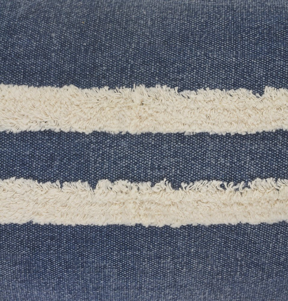 20" Denim Blue And Ivory Striped Cotton Throw Pillow Cover with Applique