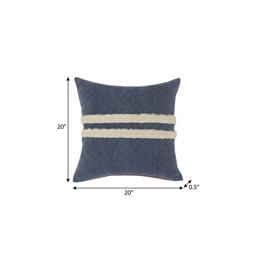 20" Denim Blue And Ivory Striped Cotton Throw Pillow Cover with Applique