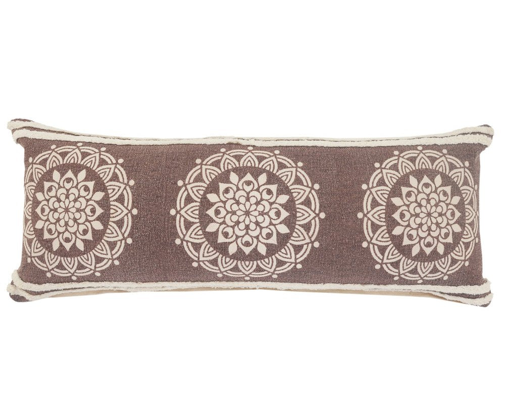 14" X 36" Brown And White Lumbar Medallion Cotton Throw Pillow Cover