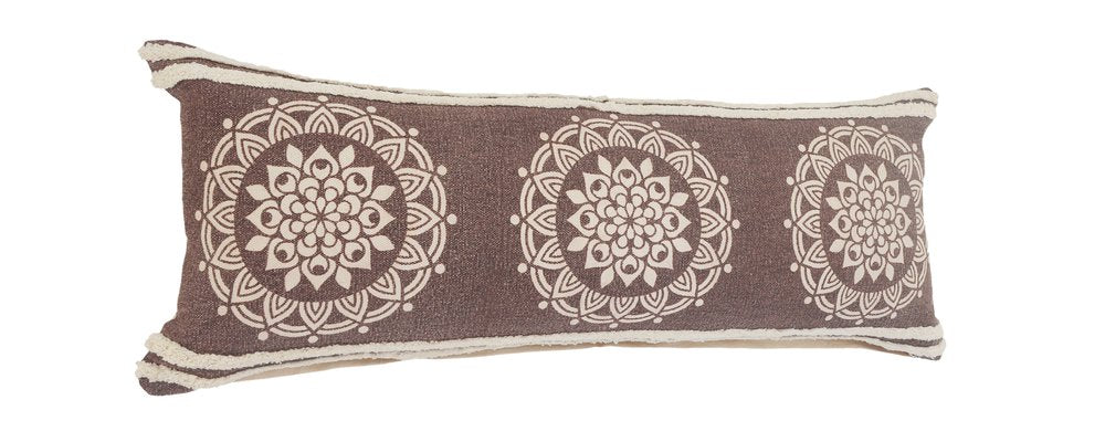 14" X 36" Brown And White Lumbar Medallion Cotton Throw Pillow Cover with Texture