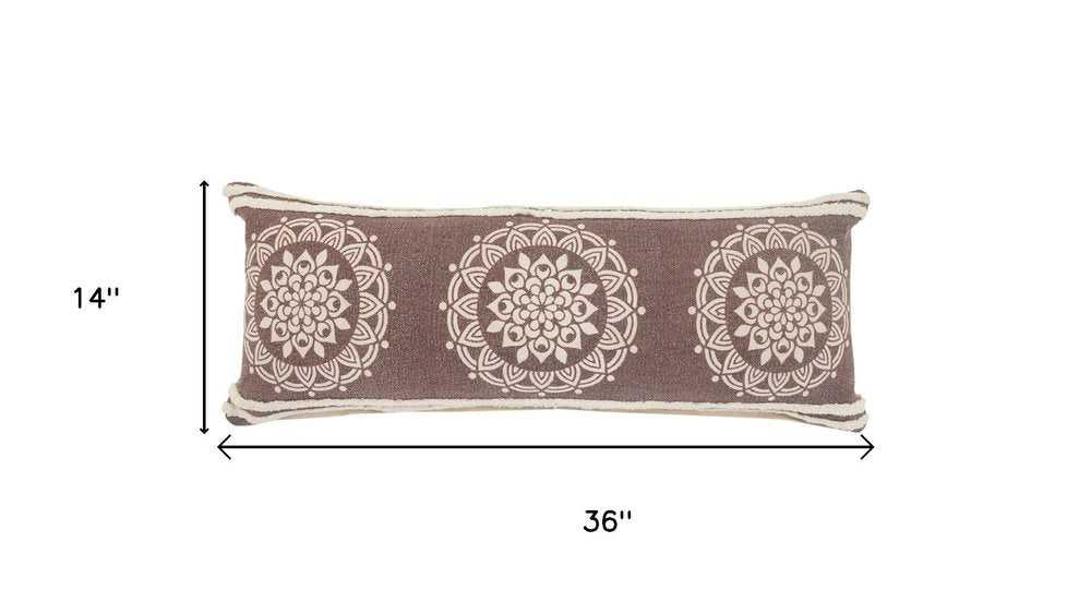 14" X 36" Brown And White Lumbar Medallion Cotton Throw Pillow Cover with Texture