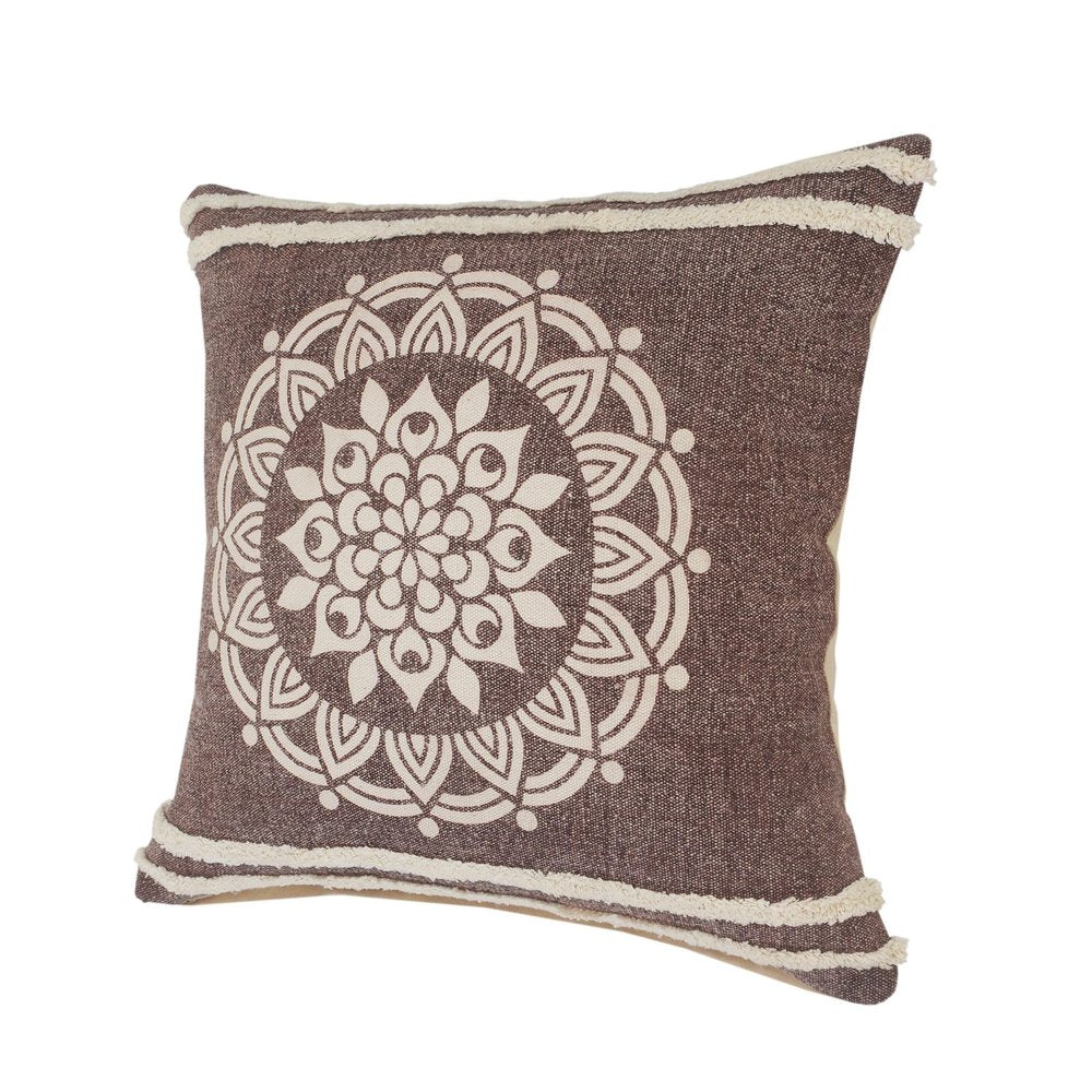 20" Brown And White Medallion Cotton Throw Pillow Cover with Texture