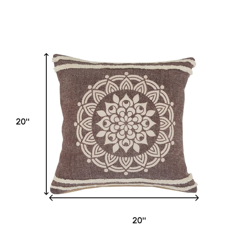 20" Brown And White Medallion Cotton Throw Pillow Cover with Texture