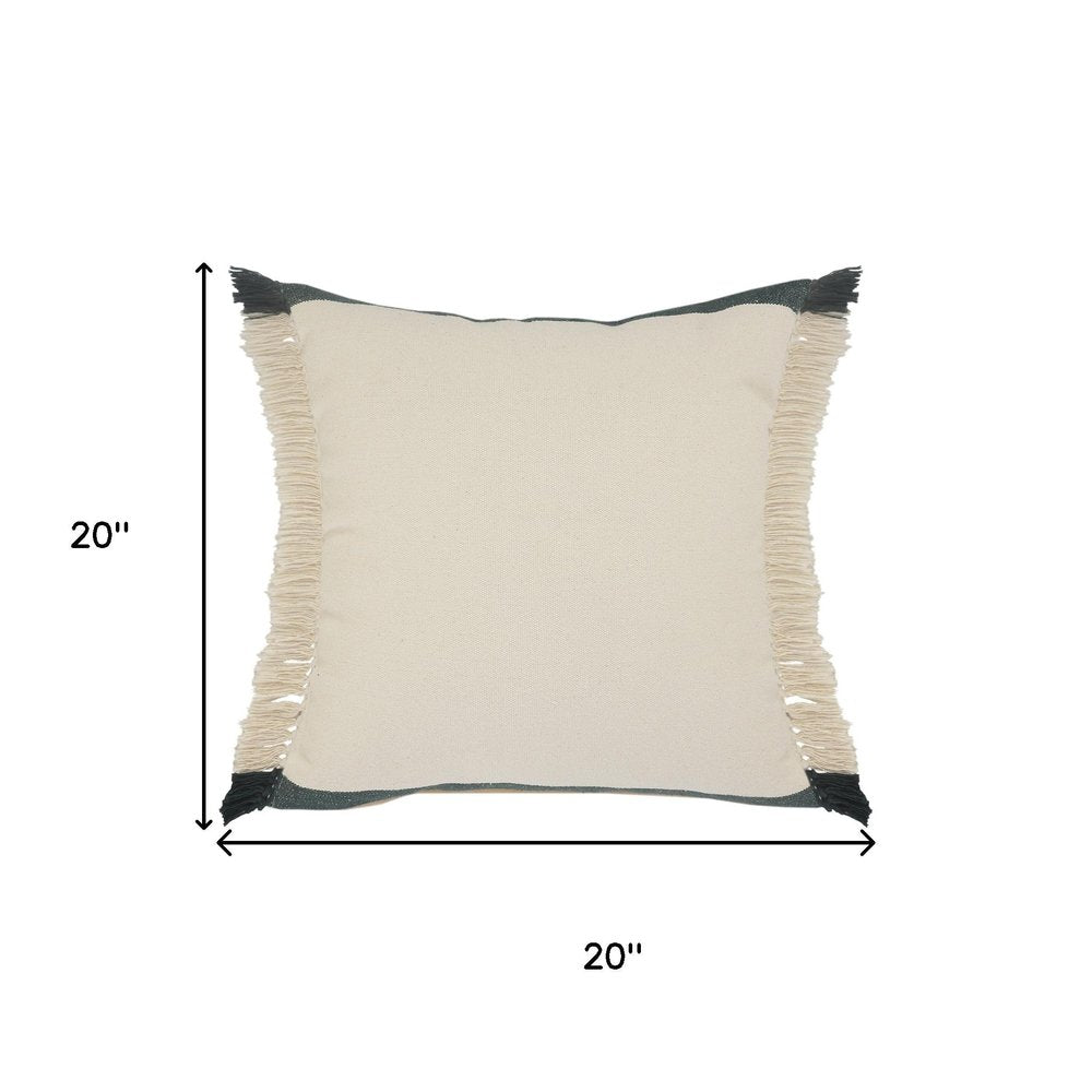 20" Green And White Striped Cotton Throw Pillow Cover with Fringe