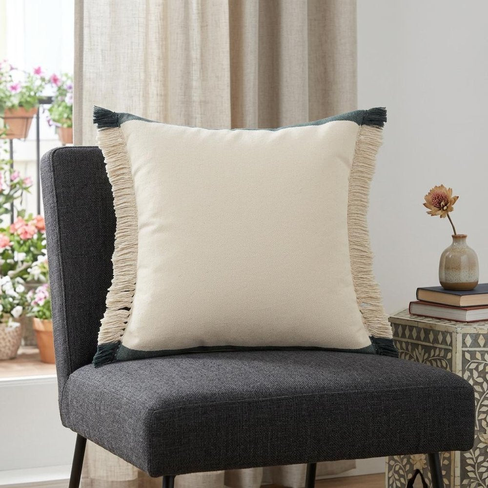 20" Green And White Striped Cotton Throw Pillow Cover with Fringe