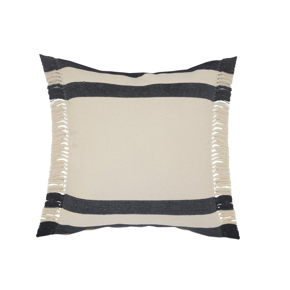 20" Blue And White Striped Cotton Throw Pillow Cover with Fringe