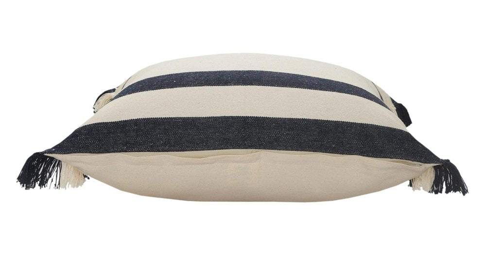 20" Blue And White Striped Cotton Throw Pillow Cover with Fringe