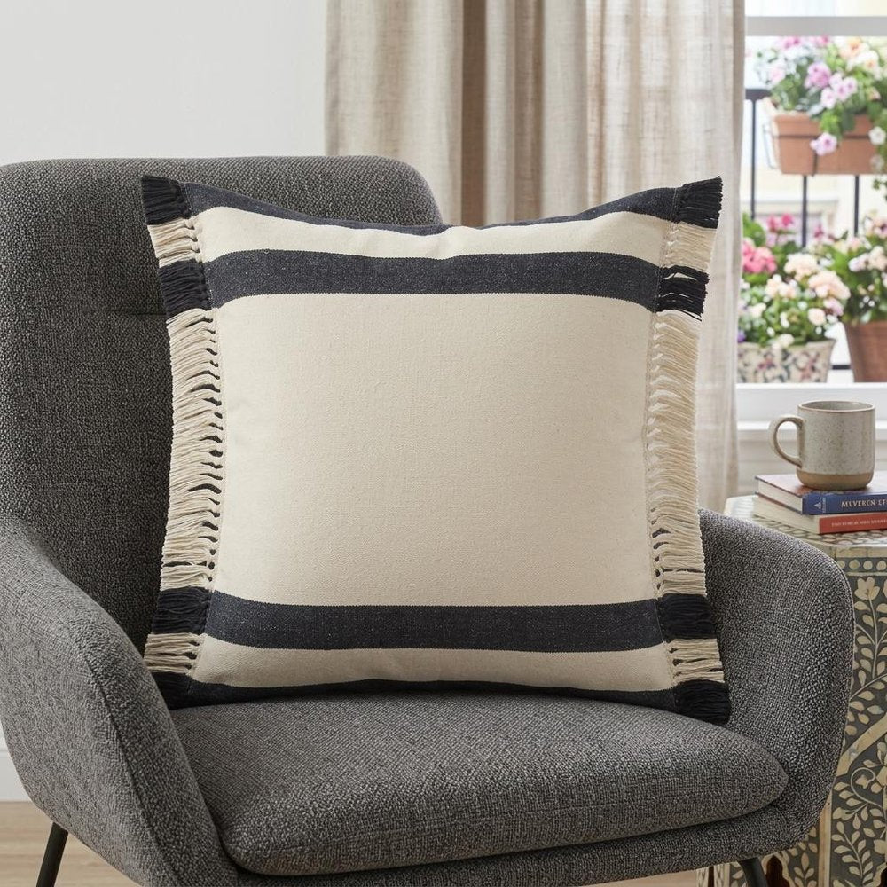 20" Blue And White Striped Cotton Throw Pillow Cover with Fringe