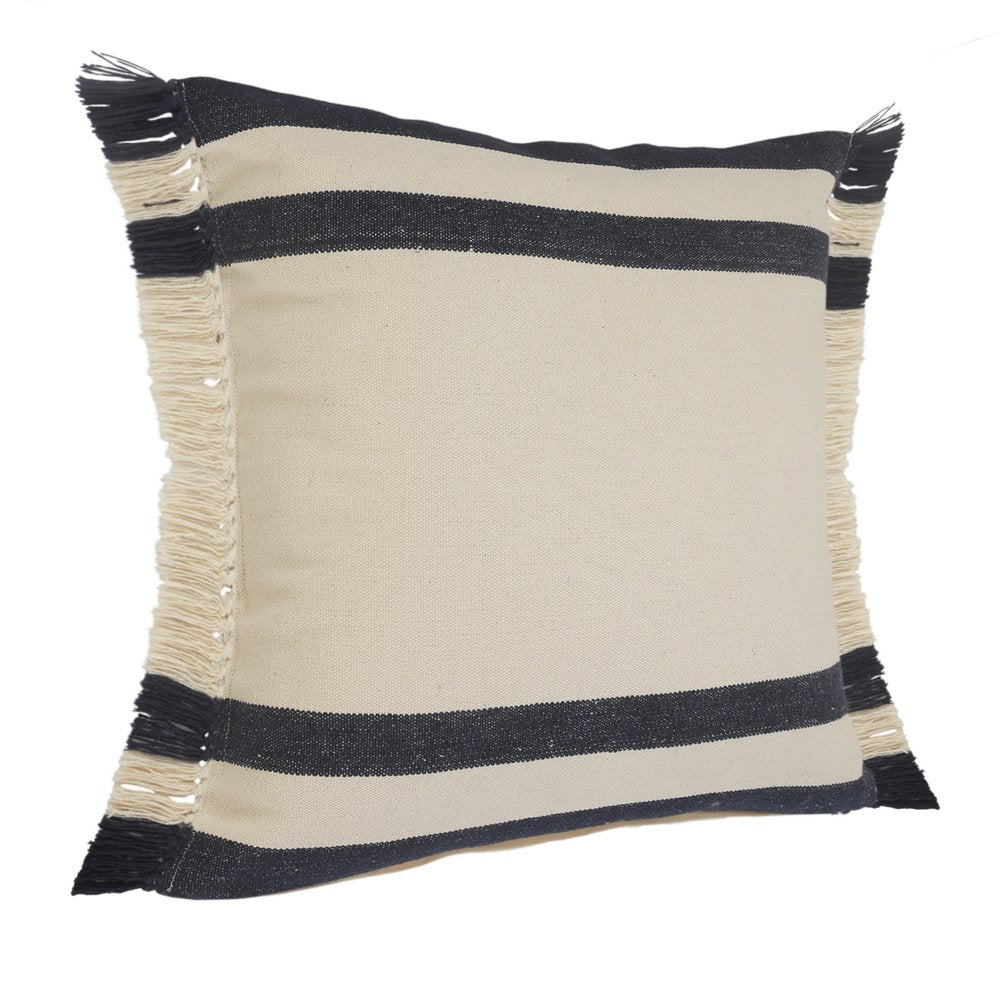 26" Blue And White Floor Striped Cotton Throw Pillow Cover with Fringe