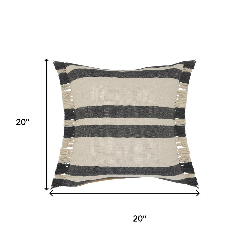 20" Gray And White Striped Cotton Throw Pillow Cover with Fringe