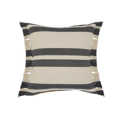 20" Gray And White Striped Cotton Throw Pillow Cover with Fringe