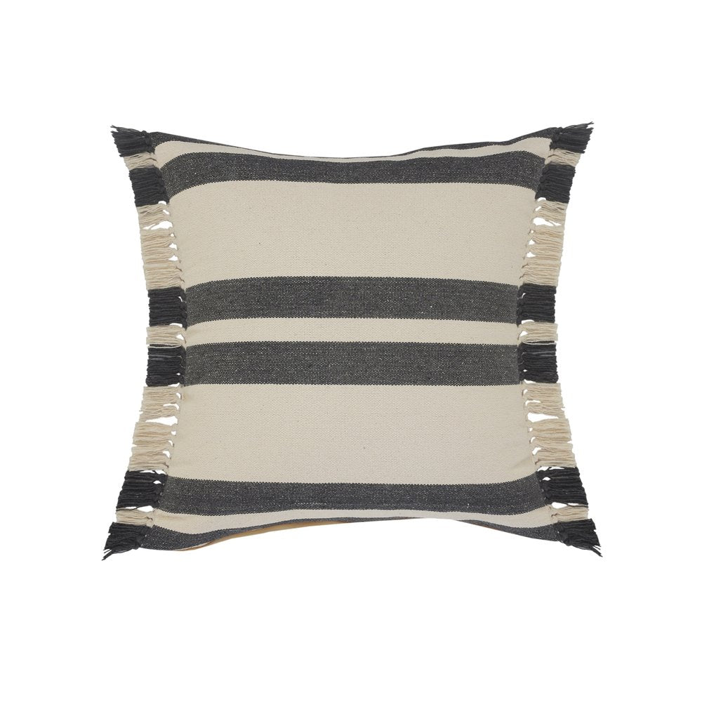 20" Gray And White Striped Cotton Throw Pillow Cover with Fringe