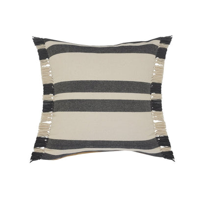 20" Gray And White Striped Cotton Throw Pillow Cover with Fringe