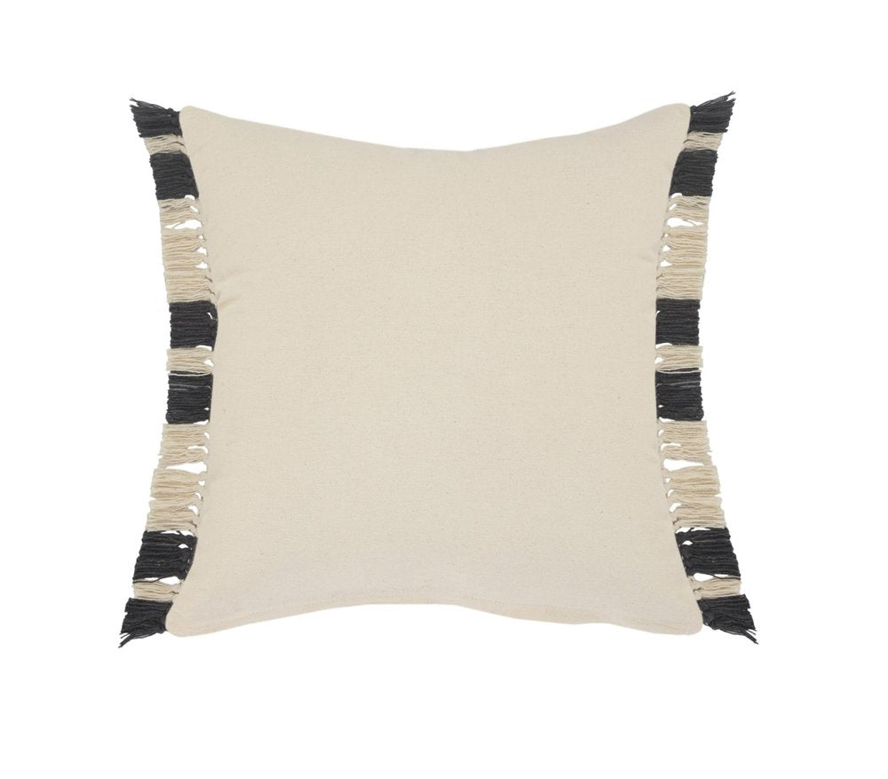 20" Gray And White Striped Cotton Throw Pillow Cover with Fringe