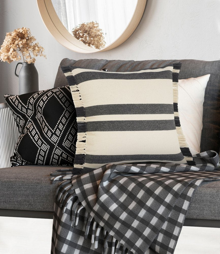 20" Gray And White Striped Cotton Throw Pillow Cover