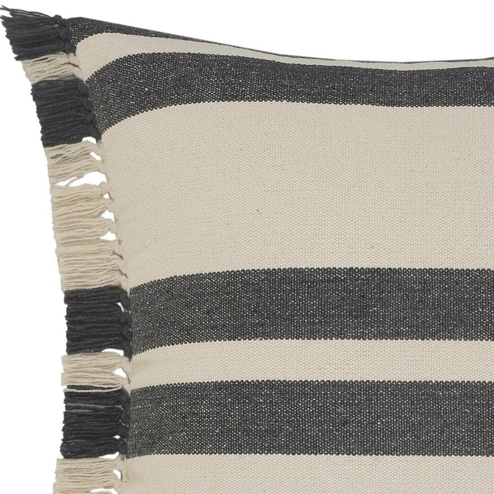 20" Gray And White Striped Cotton Throw Pillow Cover with Fringe