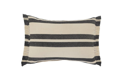 16" X 24" Gray And White Lumbar Striped Cotton Throw Pillow Cover with Fringe