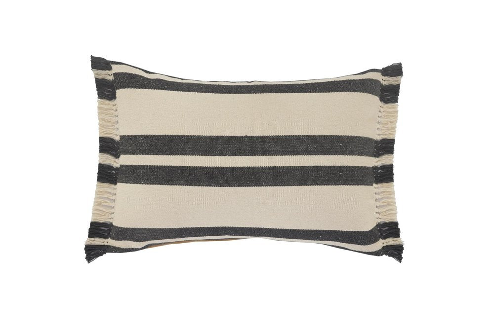 16" X 24" Gray And White Lumbar Striped Cotton Throw Pillow Cover with Fringe