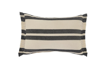16" X 24" Gray And White Lumbar Striped Cotton Throw Pillow Cover with Fringe