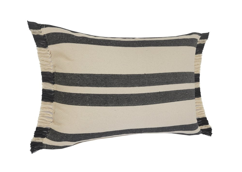 16" X 24" Gray And White Lumbar Striped Cotton Throw Pillow Cover with Fringe
