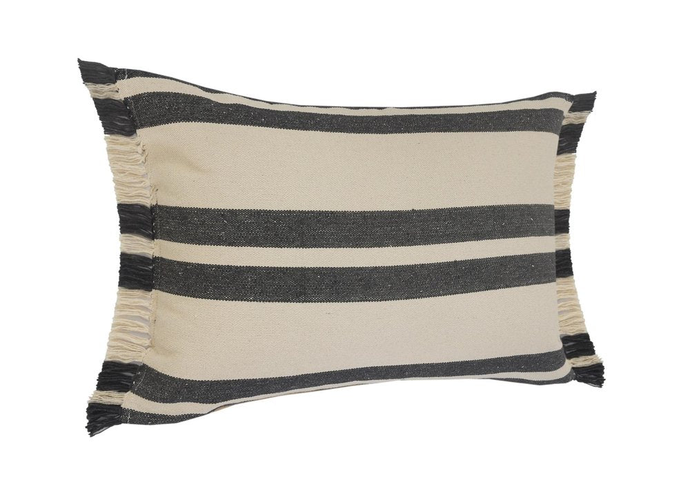 16" X 24" Gray And White Lumbar Striped Cotton Throw Pillow Cover with Fringe