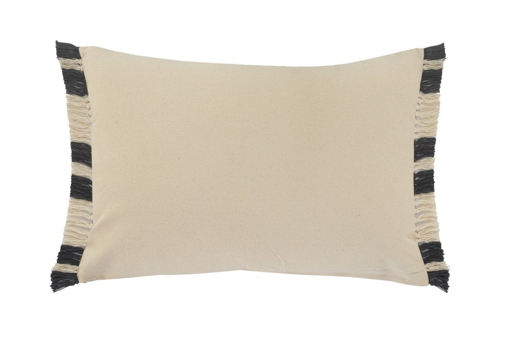 16" X 24" Gray And White Lumbar Striped Cotton Throw Pillow Cover with Fringe