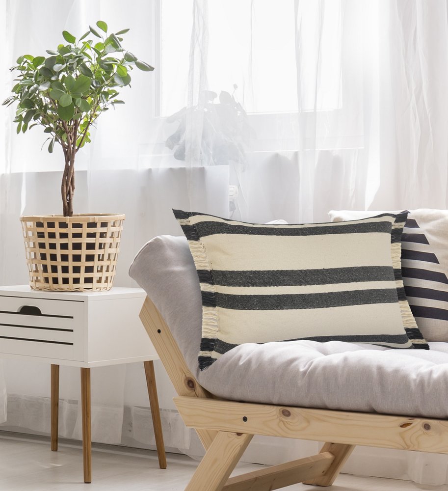 16" X 24" Gray And White Lumbar Striped Cotton Throw Pillow Cover