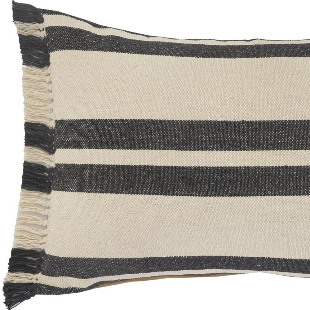 16" X 24" Gray And White Lumbar Striped Cotton Throw Pillow Cover with Fringe