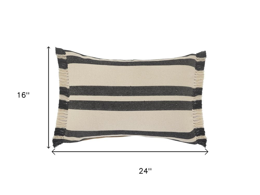 16" X 24" Gray And White Lumbar Striped Cotton Throw Pillow Cover with Fringe
