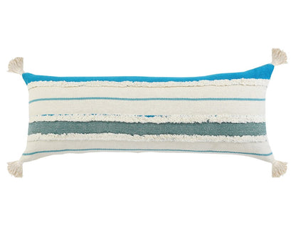 14" X 36" Off White And Turquoise Lumbar Beach Striped Cotton Throw Pillow Cover with Tassels