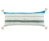 14" X 36" Off White And Turquoise Lumbar Beach Striped Cotton Throw Pillow Cover with Tassels