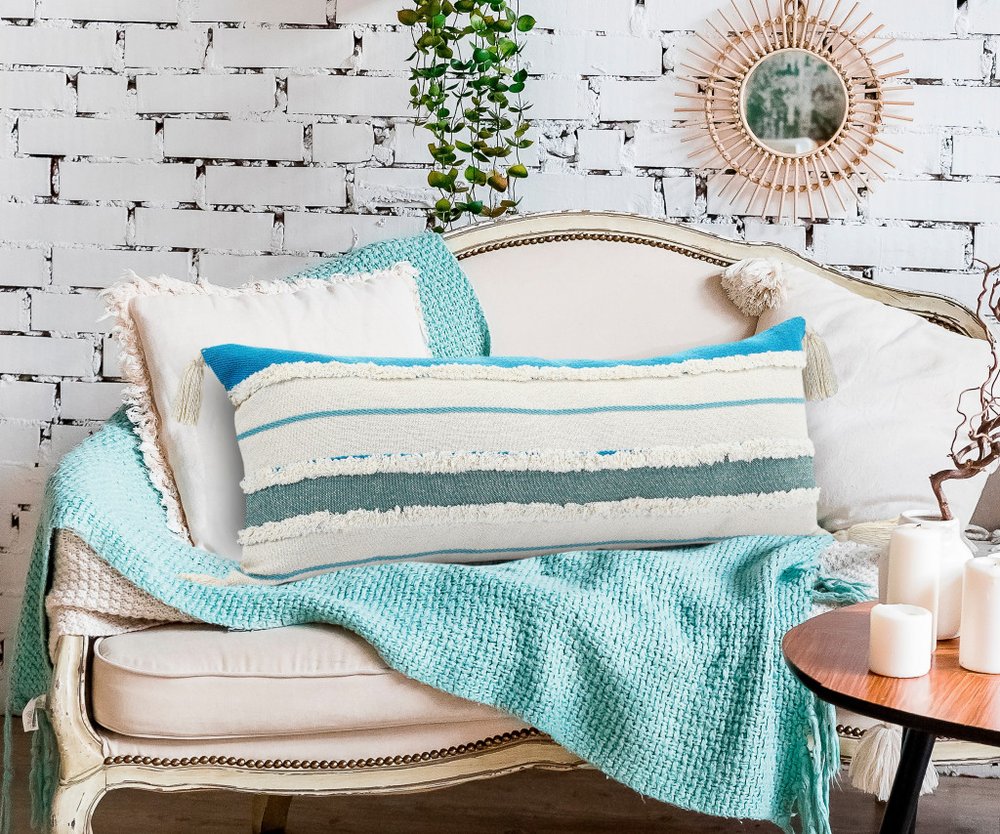 14" X 36" White And Blue Lumbar Beach Striped Cotton Throw Pillow Cover