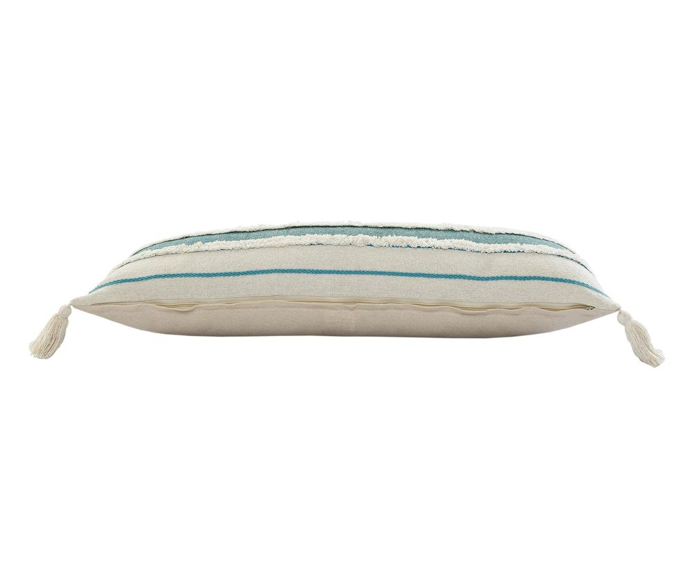 14" X 36" Off White And Turquoise Lumbar Beach Striped Cotton Throw Pillow Cover with Tassels
