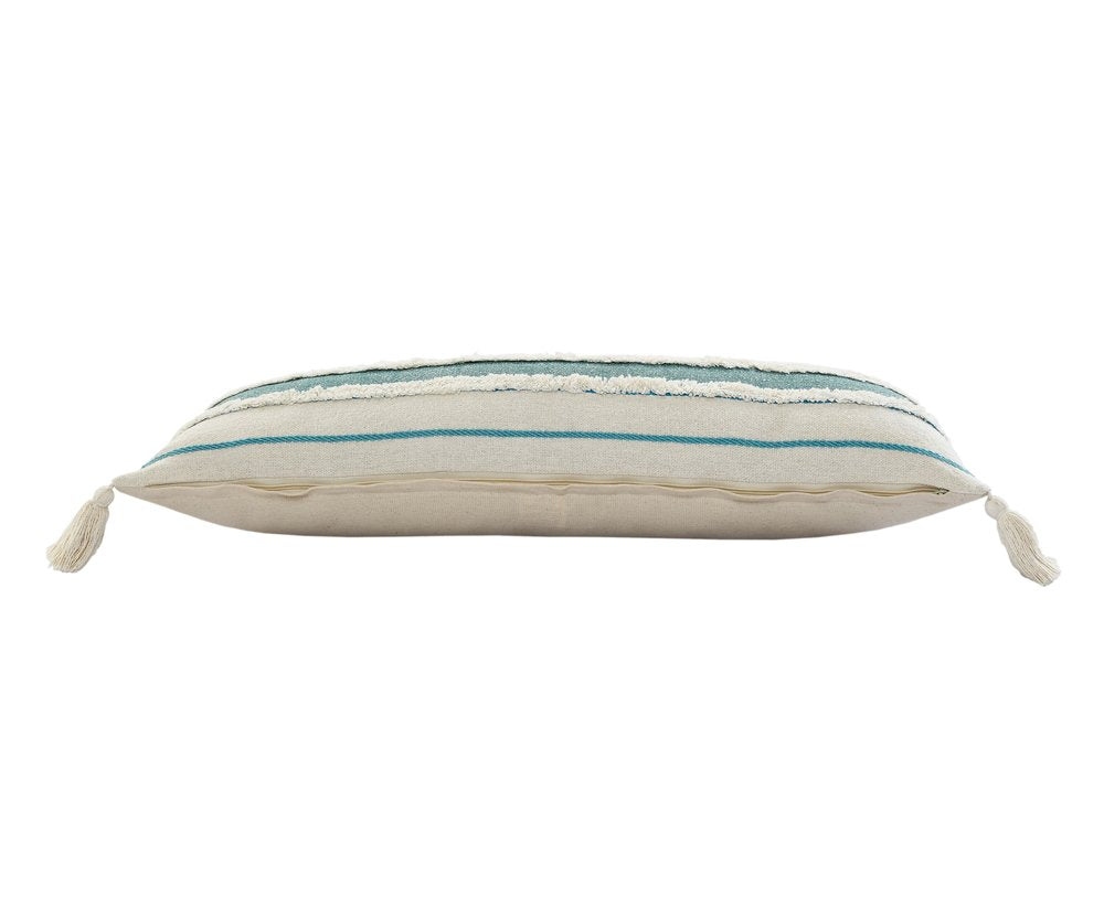 14" X 36" Off White And Turquoise Lumbar Beach Striped Cotton Throw Pillow Cover with Tassels