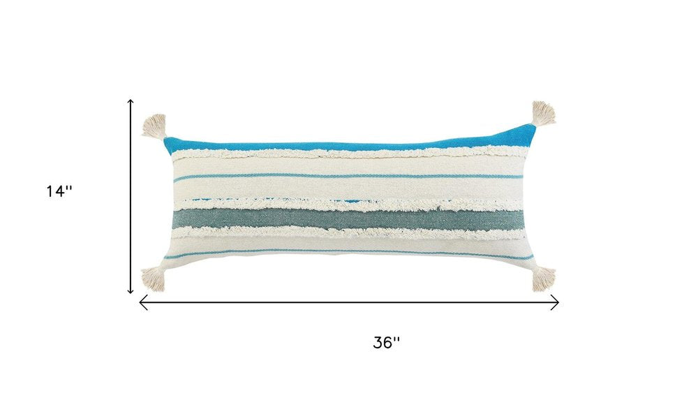 14" X 36" Off White And Turquoise Lumbar Beach Striped Cotton Throw Pillow Cover with Tassels
