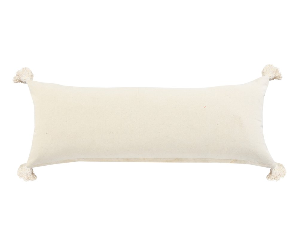 14" X 36" Off White And Turquoise Lumbar Beach Striped Cotton Throw Pillow Cover with Tassels