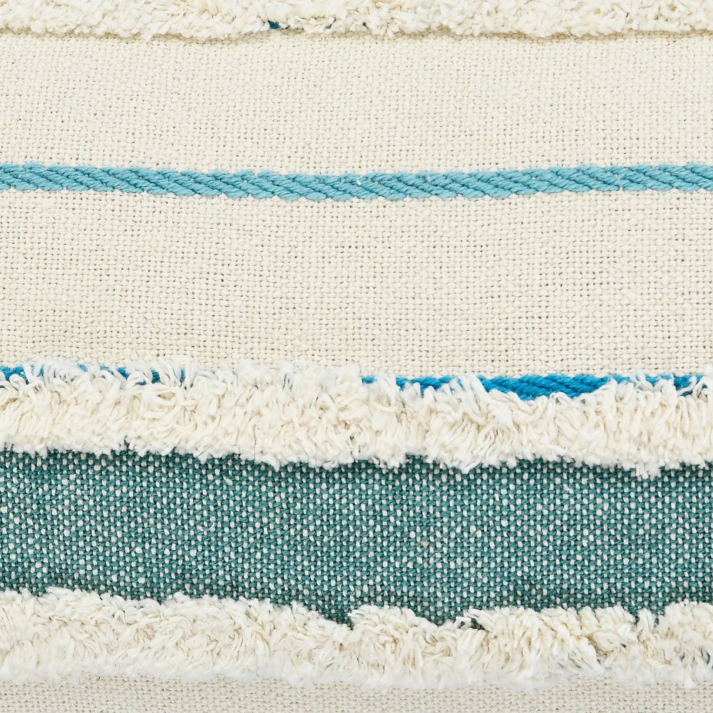 14" X 36" Off White And Turquoise Lumbar Beach Striped Cotton Throw Pillow Cover with Tassels
