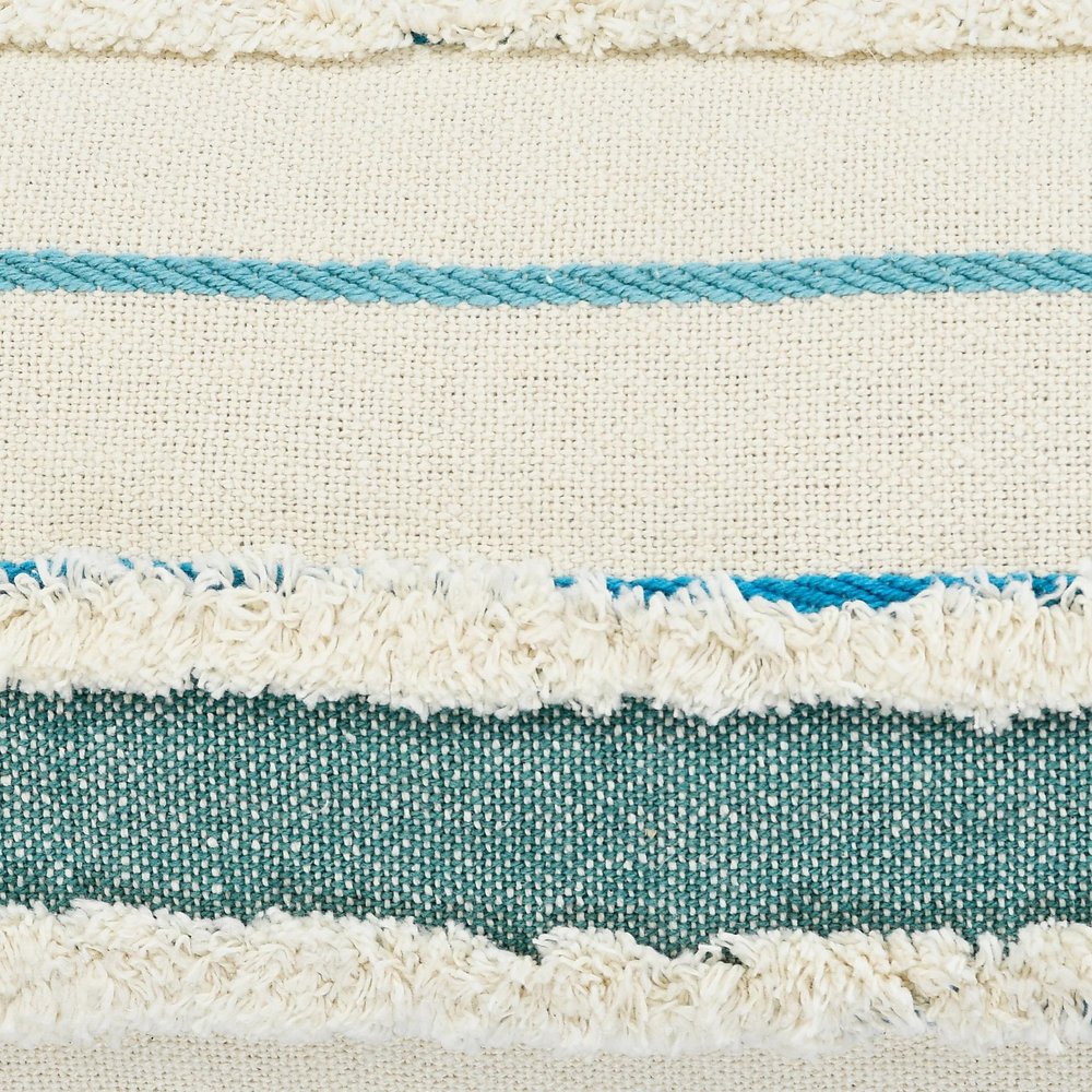 14" X 36" Off White And Turquoise Lumbar Beach Striped Cotton Throw Pillow Cover with Tassels