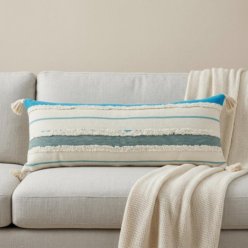 14" X 36" Off White And Turquoise Lumbar Beach Striped Cotton Throw Pillow Cover with Tassels