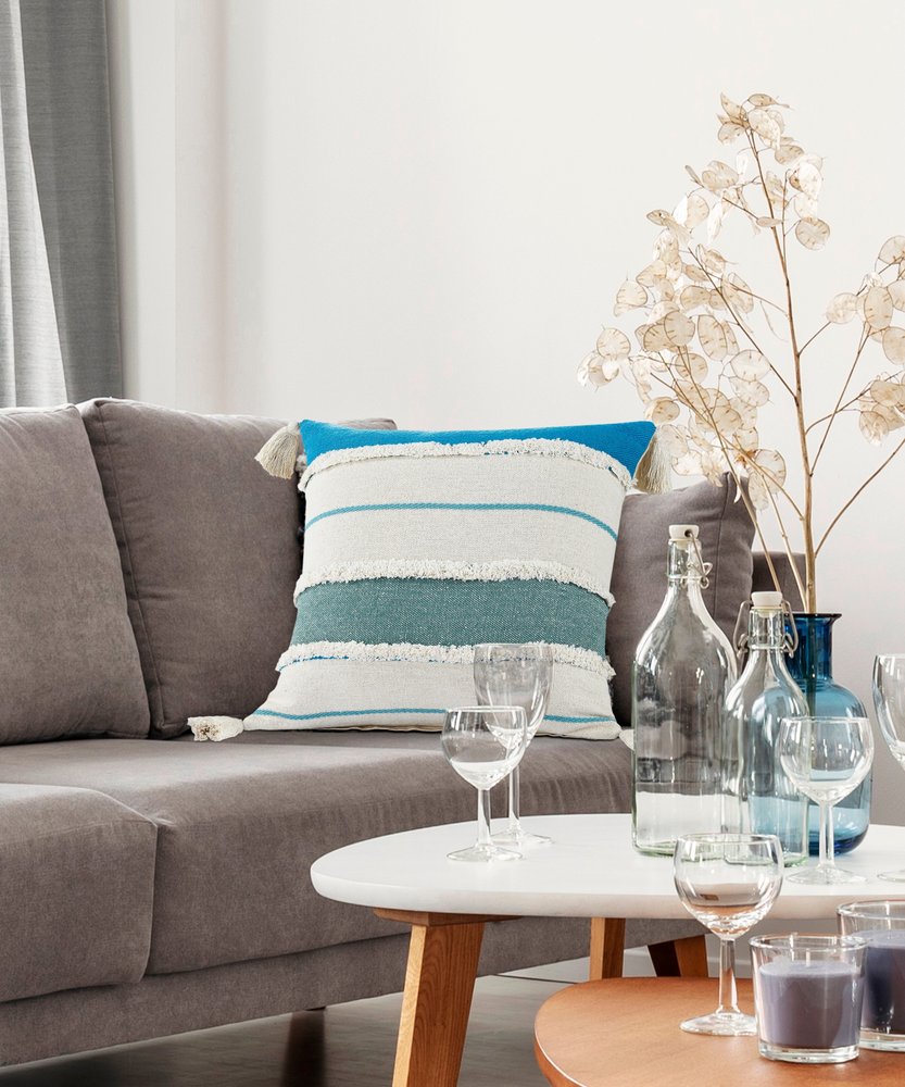 20" White And Blue Beach Striped Cotton Throw Pillow Cover