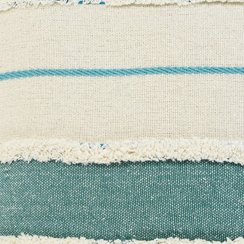 20" Off White And Turquoise Beach Striped Cotton Throw Pillow Cover with Tassels