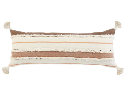 14" X 36" White And Brown Lumbar Beach Striped Cotton Throw Pillow Cover with Tassels Tufts And Texture