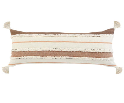 14" X 36" White And Brown Lumbar Beach Striped Cotton Throw Pillow Cover with Tassels Tufts And Texture
